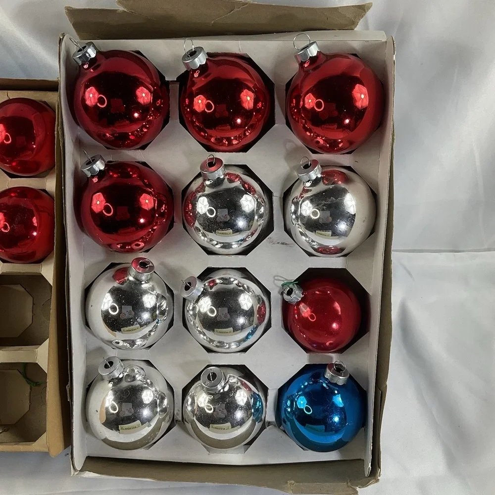 Lot of 47 Vintage Christmas Glass Ball Ornaments, Red, Blue, Sliver